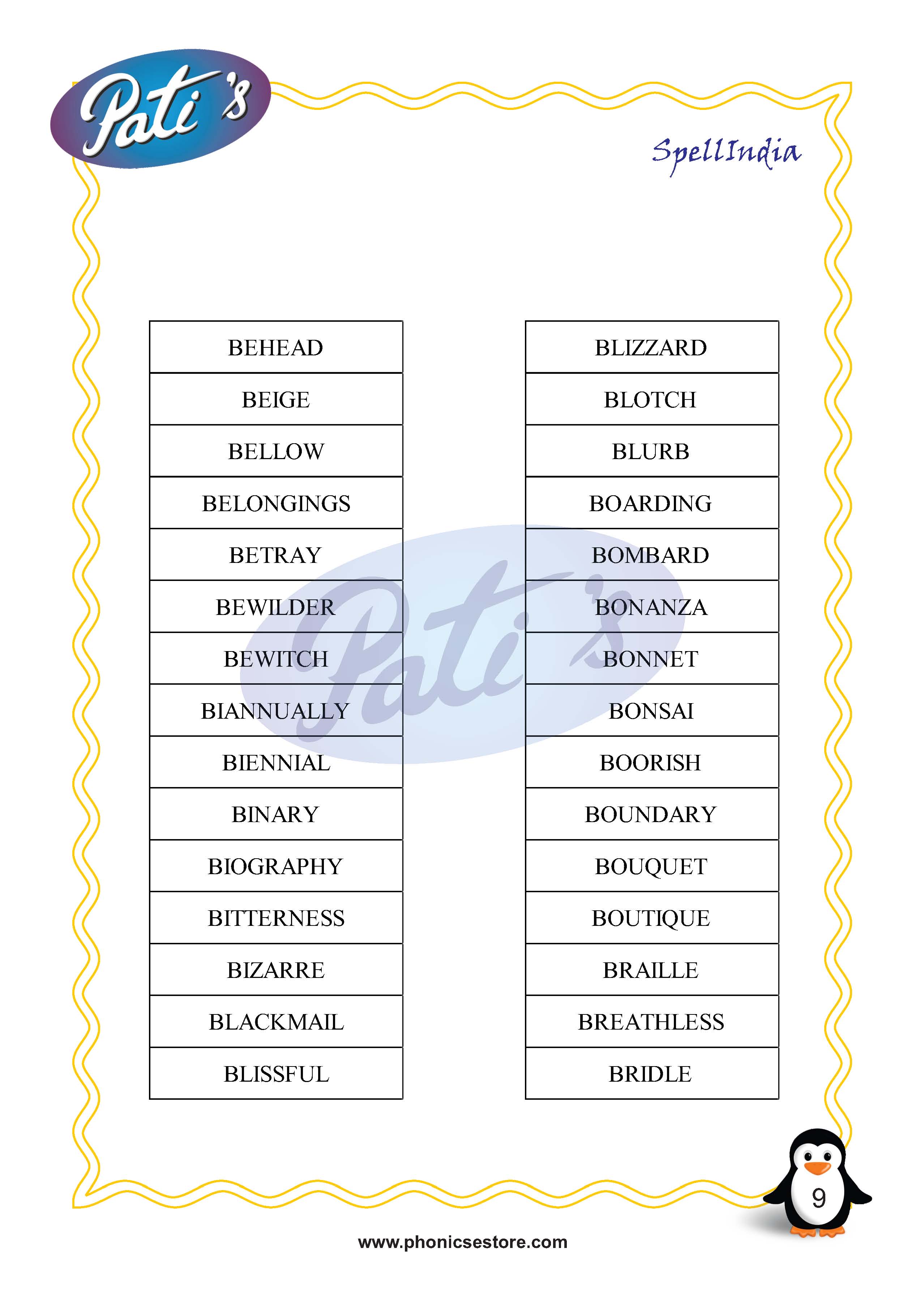 Pati Spelling Bee word list Class 5 Grade 5